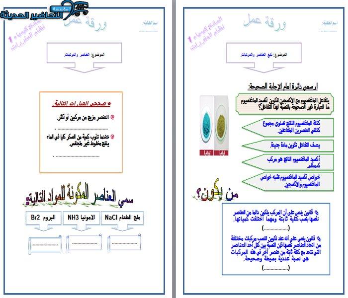 ورق عمل درس العناصر والمركبات مادة كيمياء 1 مقررات