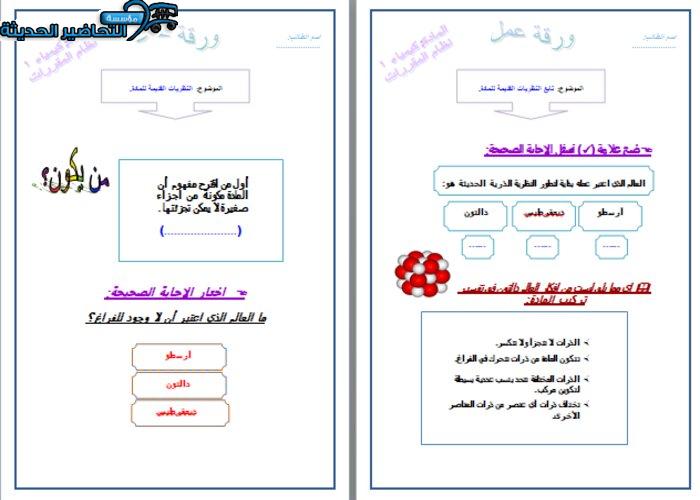 ورق عمل درس النظريات القديمة للمادة مادة كيمياء 1 مقررات