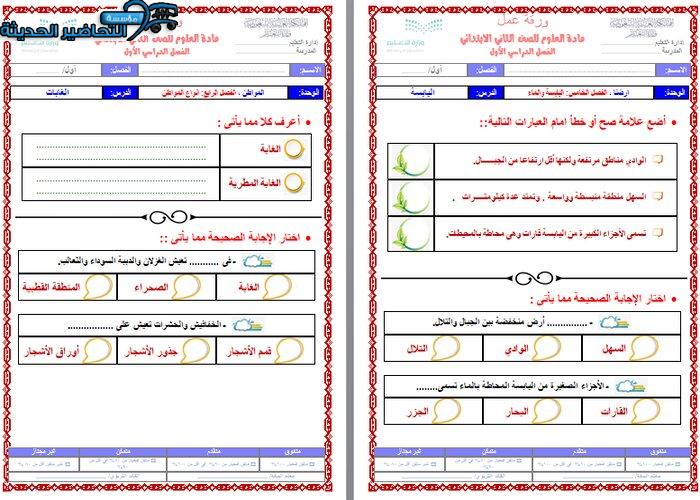 ورق عمل درس اليابسة لمادة العلوم الصف الثاني الابتدائي