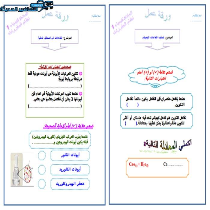 ورق عمل درس تصنيف التفاعلات الكيميائية مادة كيمياء 1 مقررات