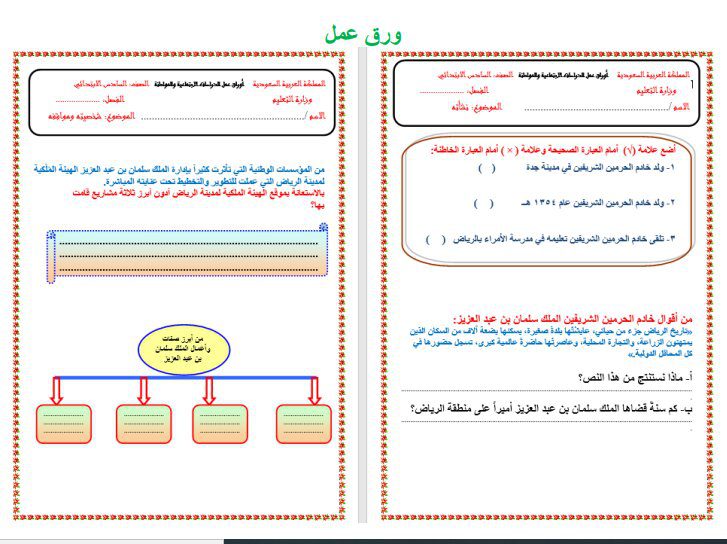 ورق عمل درس خادم الحرمين الشريفين الملك سلمان بن عبد العزيز ال سعود اجتماعيات الصف السادس الابتدائي