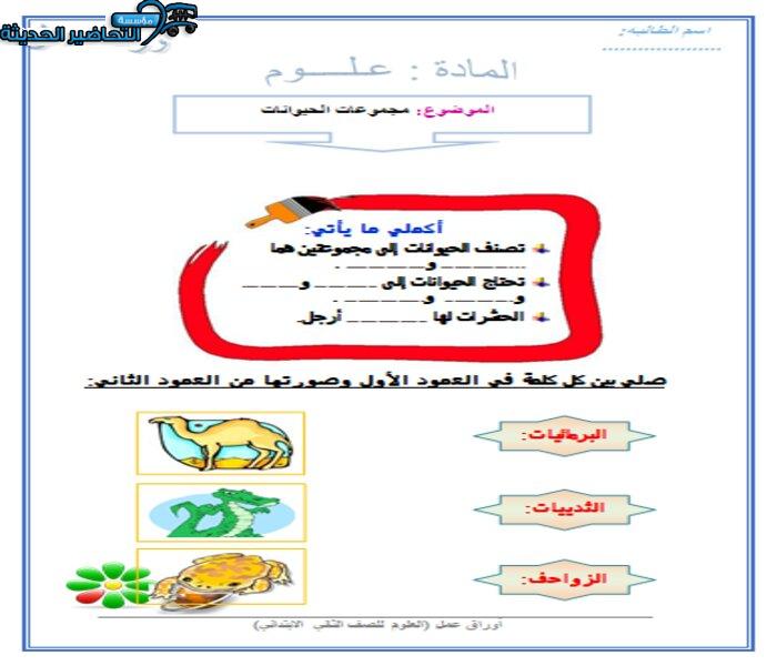 ورق عمل درس مجموعات الحيوانات لمادة العلوم الصف الثاني الابتدائي