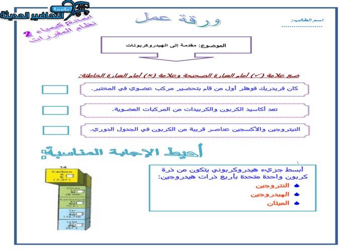 ورق عمل درس مقدمة إلى الهيدروكربونات مادة كيمياء 2 مقررات