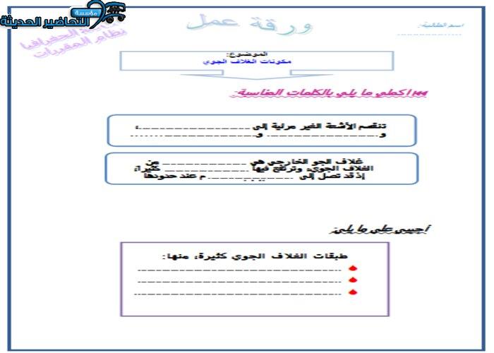 ورق عمل درس مكونات الغلاف الجوي جغرافيا مقررات