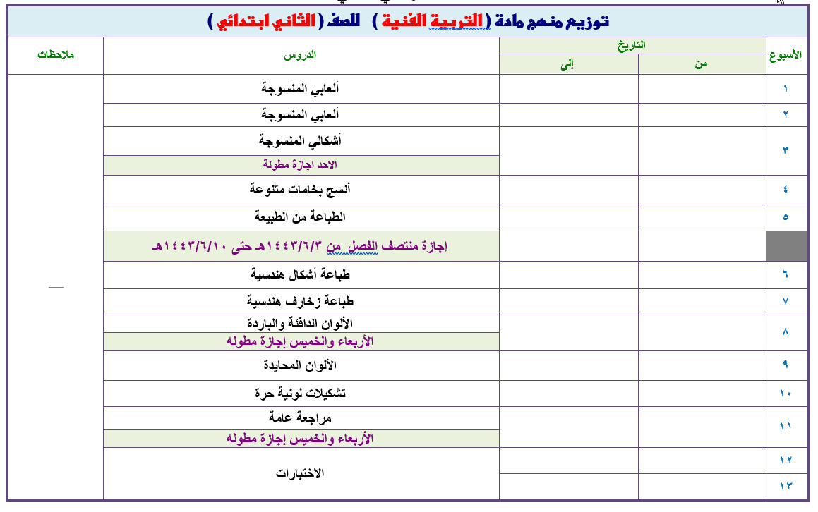 ورق عمل مادة التربيه الفنيه الصف الثانى الابتدائي الفصل الدراسي الثاني