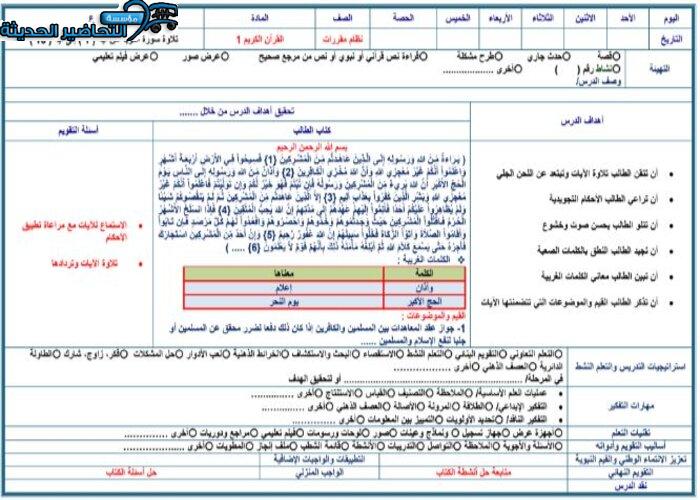 ورق عمل مادة قرأن1 ثانوى مقررات