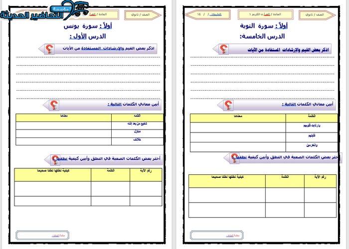 ورق عمل مادة قرآن 1 مقررات