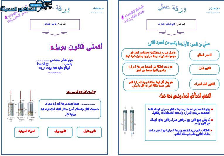 ورق عمل مادة كمياء 4 مقررات