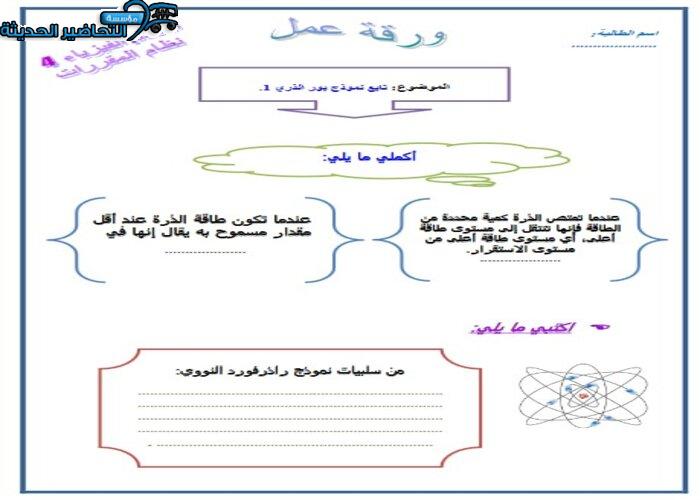 ورق عمل نموذج بور الذري فيزياء 4 مقررات